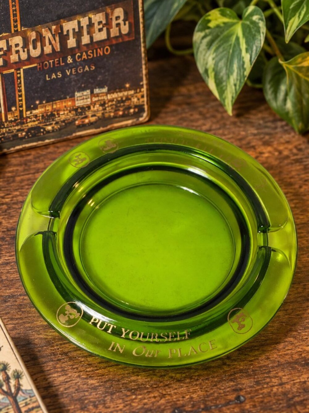 Vintage Frontier Hotel Las Vegas Green Glass Ashtray 4⅛" Casino MCM